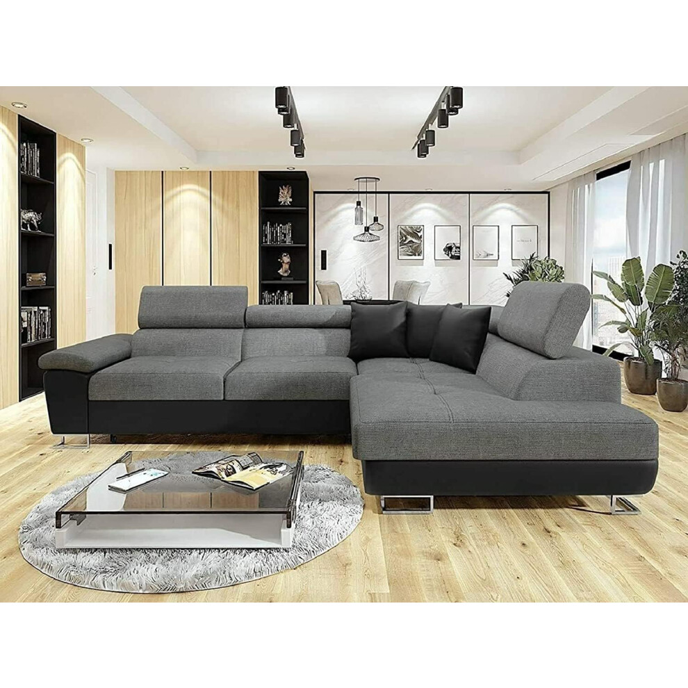 (Right Arm Corner) NZ Anton - Sofa - Storage - Sofa Bed - Black/Grey - Faux Leather/Fabric