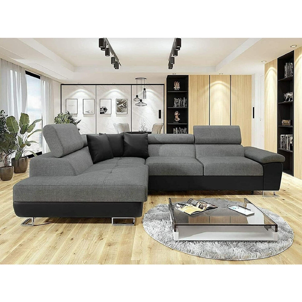 (Left Arm Corner) NZ Anton - Sofa - Storage - Sofa Bed - Black/Grey - Faux Leather/Fabric