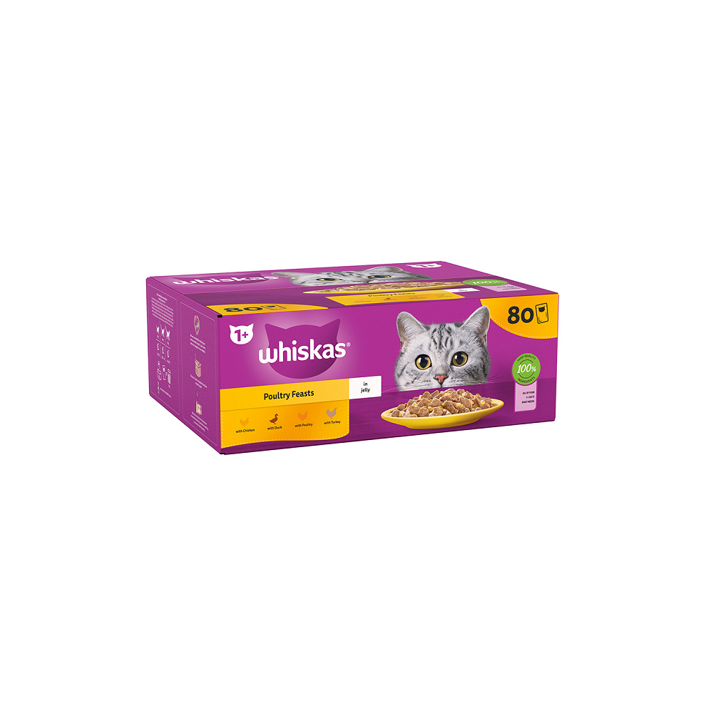Whiskas 1+ Poultry Feasts Wet Cat Food Pouches In Jelly 80 × 85G Pouches