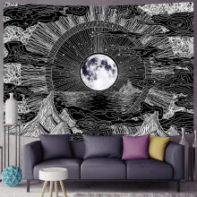 150 x 200 cm Wall tapestry, psychedelic, with moon, star and cloud pattern, black and white, for bedroom
