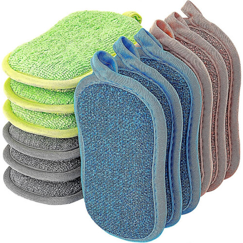 12 Double-Sided Non-Scratch Scraper Pads Antibacterial Microfiber Sponge Kitchen Cleans All Surfaces Effectively. Ideal for plates, pans. Washable dis