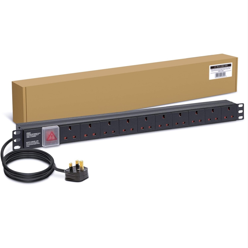 10-Way Extension Cord Power Strip - 13A Multi-Plug Switching Power Distribution Unit (PDU) Rack Mount Charging Station with 1.7M Power Cord