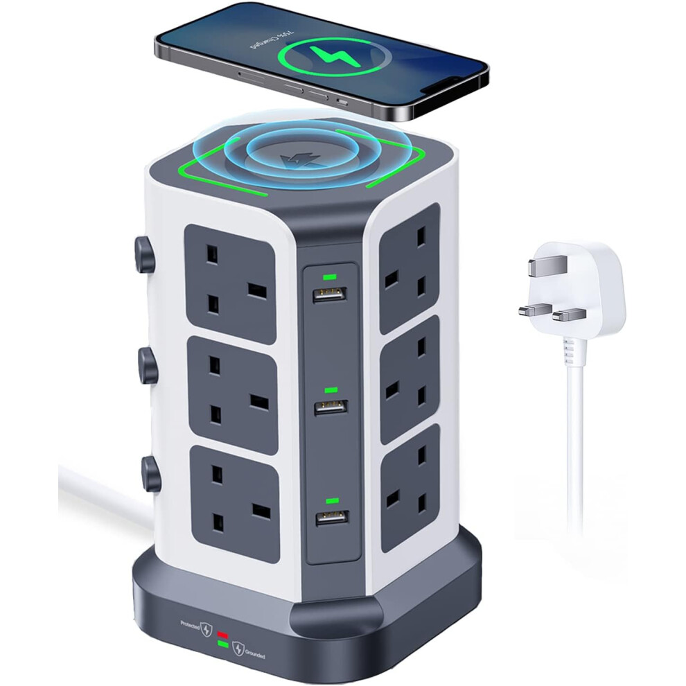 (2M, Wireless_6USB-A) Tower Extension Cord with Wireless Charger, [13A 3250W] Surge Protector, 12 AC Outlets and 6 USB Ports Multi-Plug Outlet Power Strip
