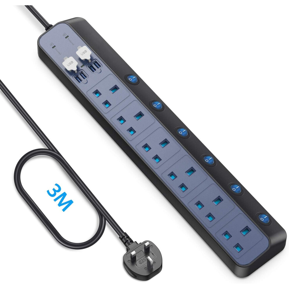 (Black) Surge Protector Extension Cord, 6-Way Individually Switched Power Strip Outlet with 4 USB Ports (Black)