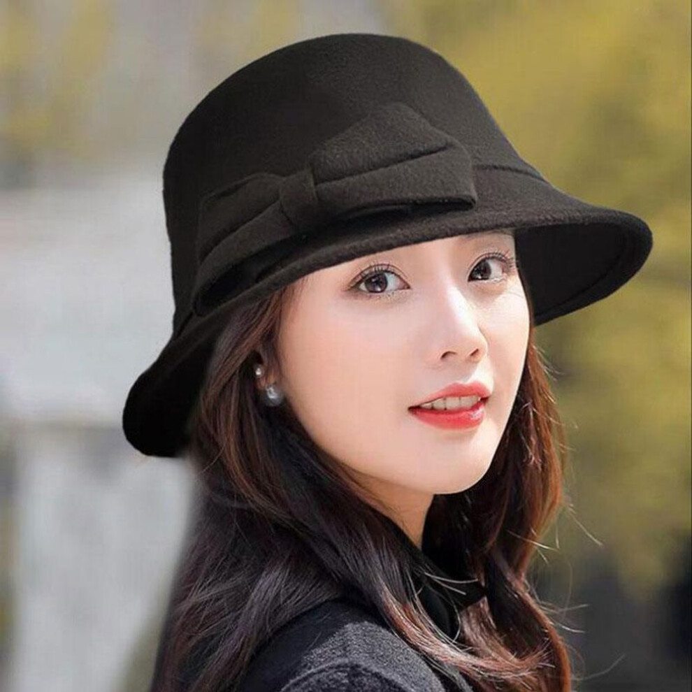 (black) Women&apos;s Trilby Felt Hat Fedoras Winter Bucket Hat Retro Jazz Cap Bowknot