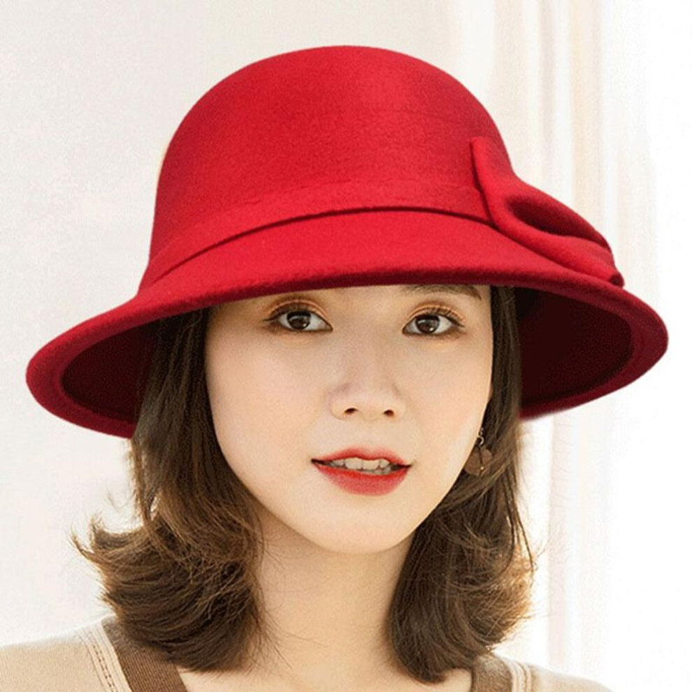 (red) Women&apos;s Trilby Felt Hat Fedoras Winter Bucket Hat Retro Jazz Cap Bowknot