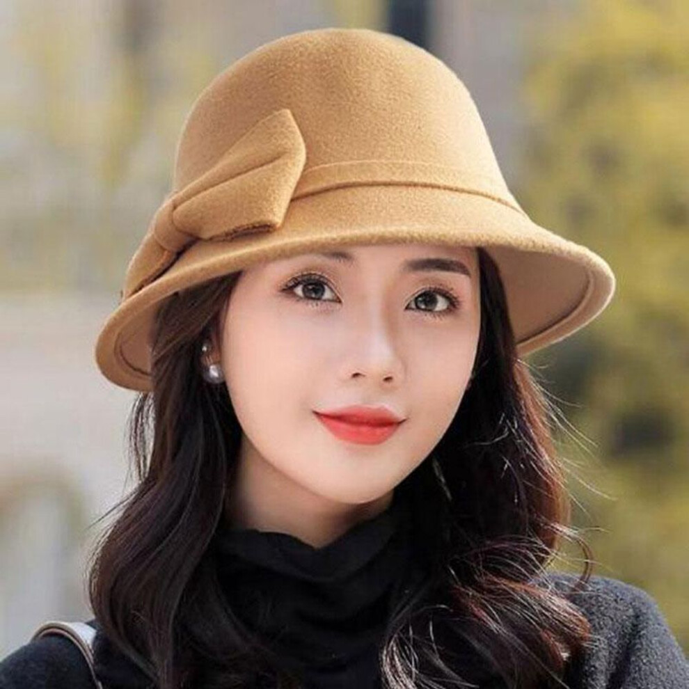 (khaki) Women&apos;s Trilby Felt Hat Fedoras Winter Bucket Hat Retro Jazz Cap Bowknot