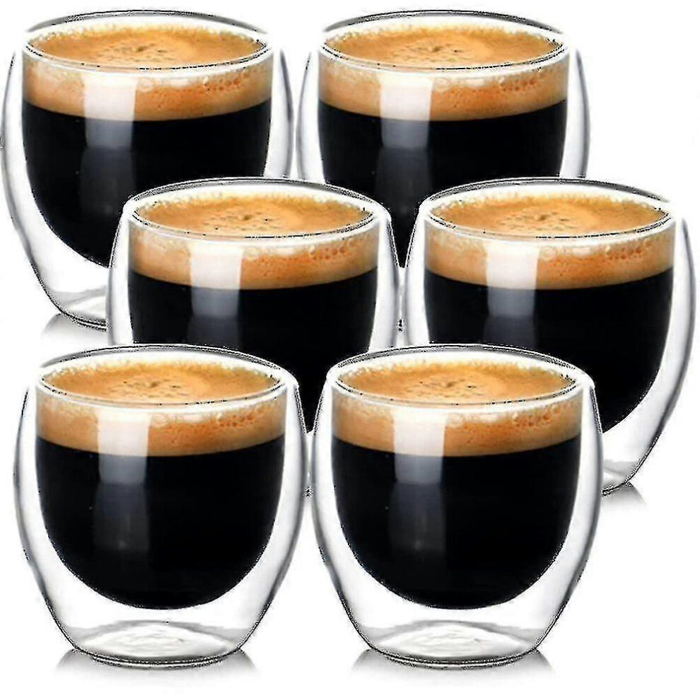 Double Wall Glass Coffee Mugs (6-pack) - Clear Insulated Glass Cups with Handle