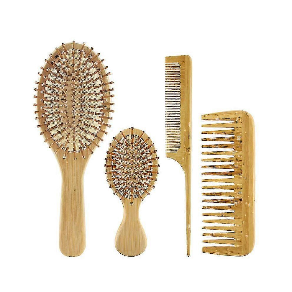 4 Piece Bamboo Hair Brush And Comb Set with Paddle Detangling Hairbrush Natural Wide-tooth And Tail Comb No Bristle, Suit For