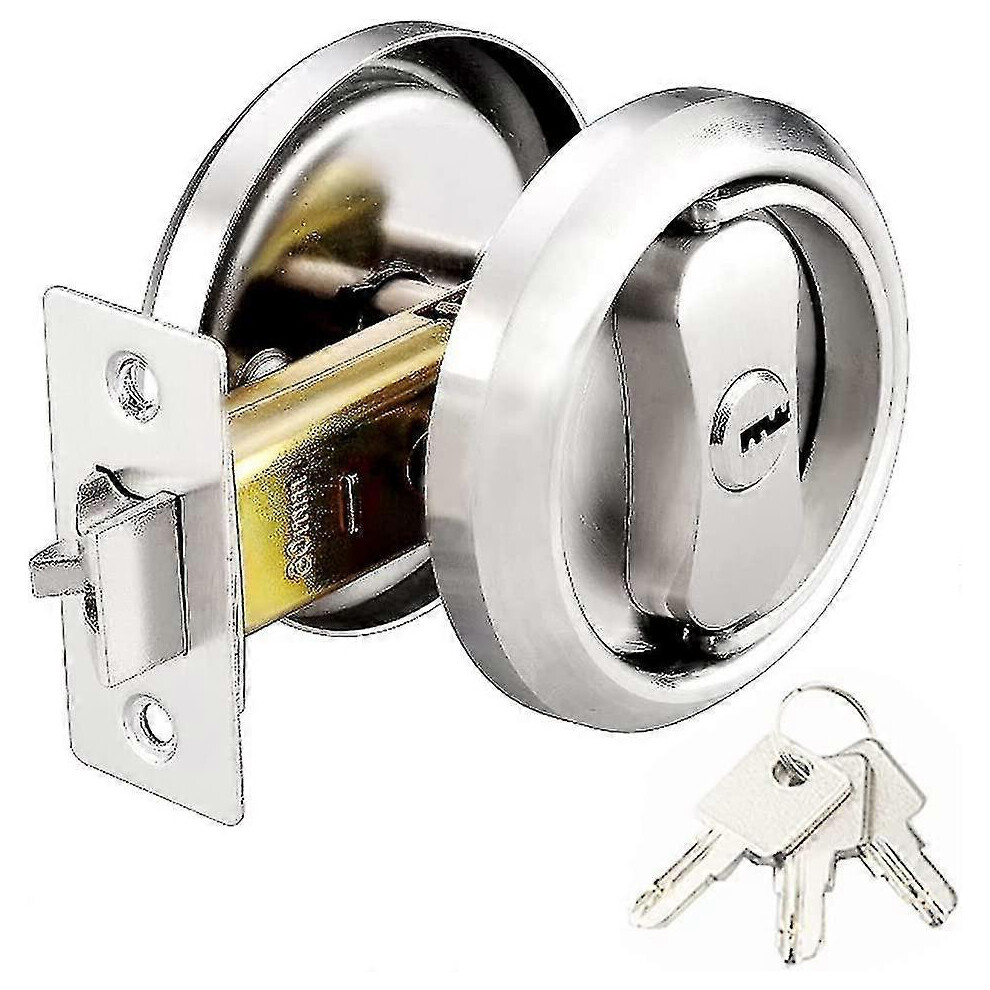 Round Pocket Door Lock, with 3 Keys, 304 Stainless Steel, for Bedroom, Kitchen, Bathroom