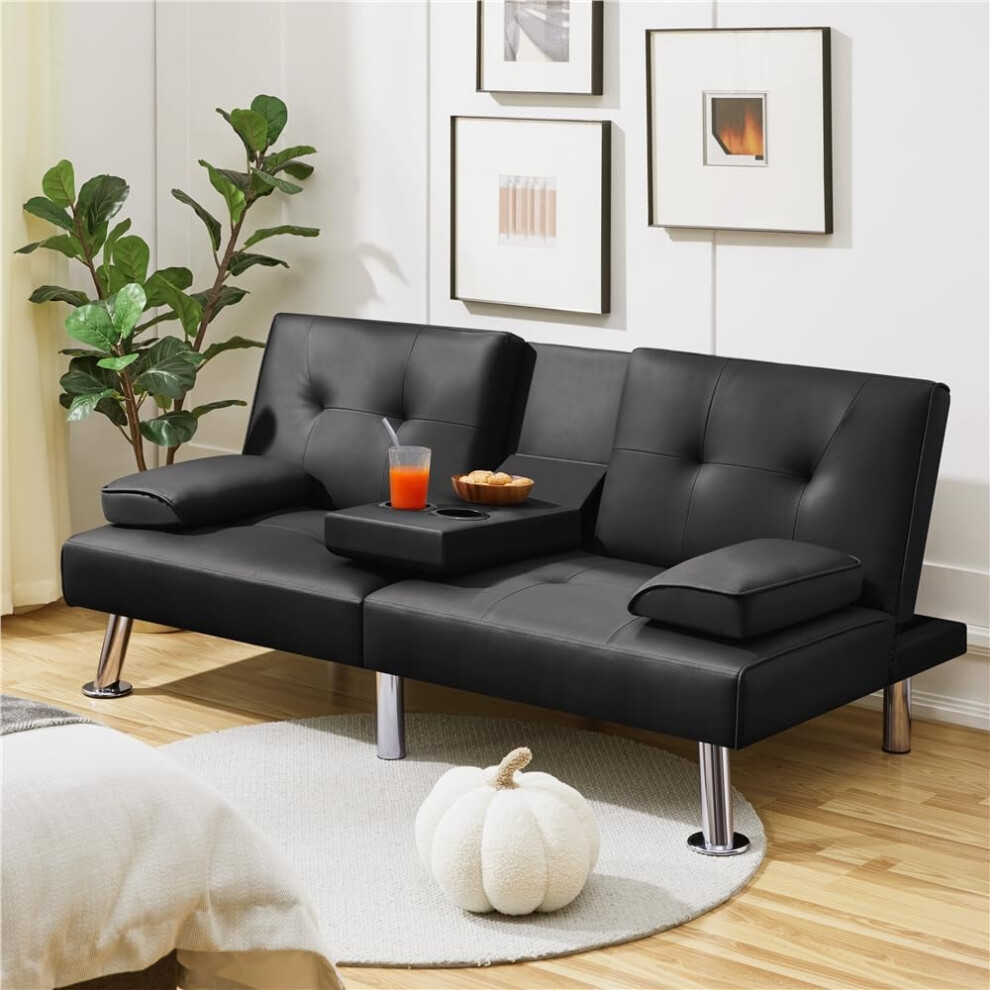 (Black) Garland Adjustable Leather Sofa Bed w Drink Holder