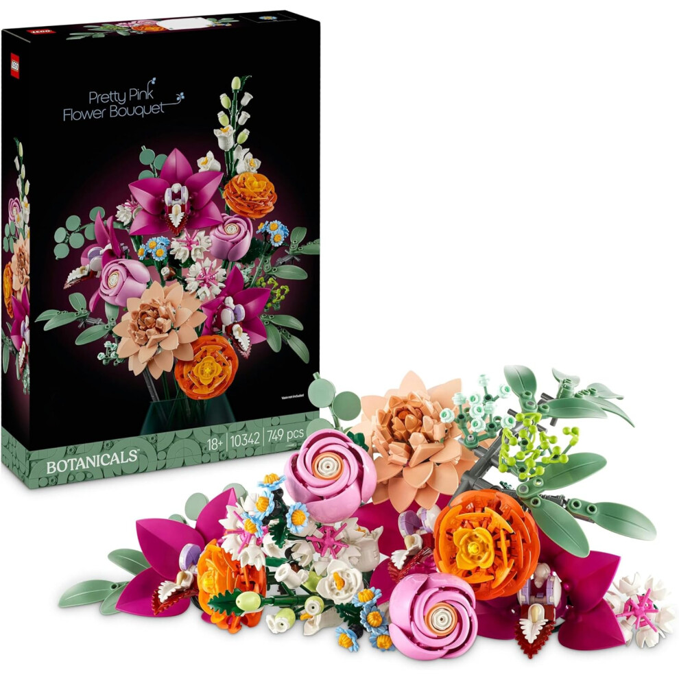 Botanicals Pretty Pink Flower Bouquet Set for Adults - Floral Home Decor Building Kit with Artificial Roses