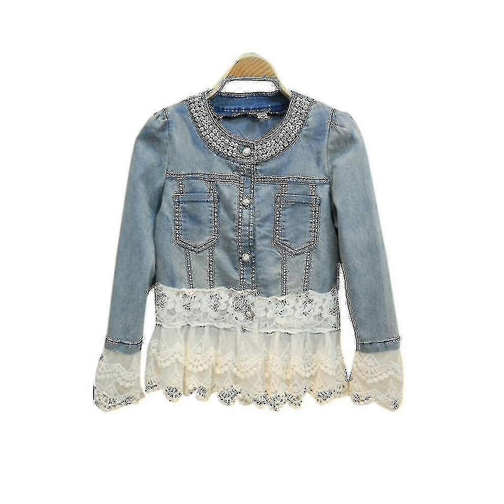 (L) Plus Size Women Retro Denim Jacket Lace Pearls Casual Jean Coat