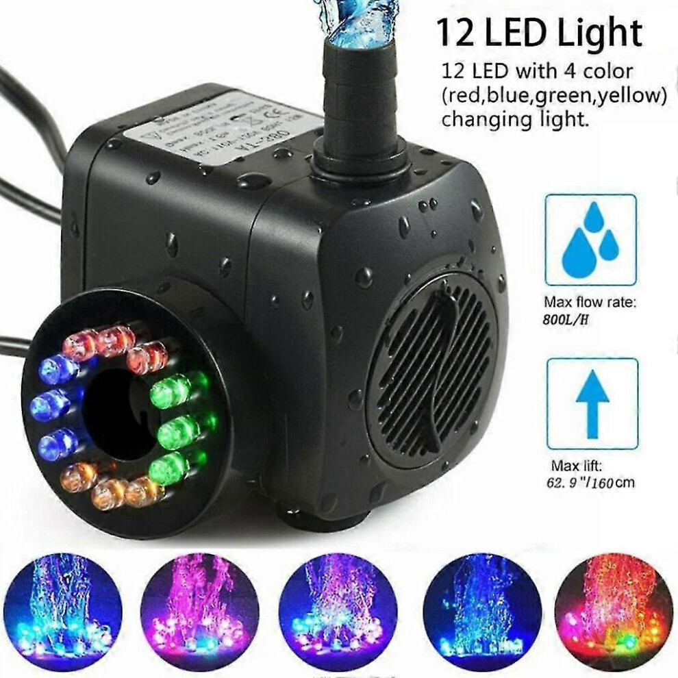 (UK plug, One size) Submersible mini Water Pump Ultra Quiet 140 Gph10w Colorful Led Light Pump