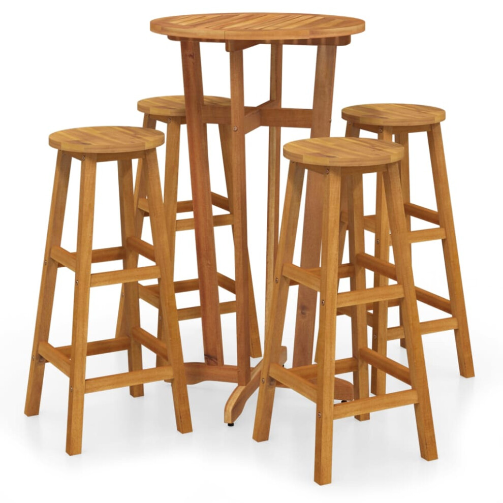 Vidaxl (Bar Stools With Round Seat, 4 Piece) Solid Wood Acacia Bar Set Garden Outdoor Wooden Bistro Table And Chair