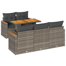 vidaXL 6-tlg. Garten-Sofagarnitur mit Kissen Grau Poly Rattan Akazie