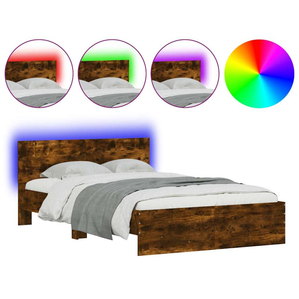 Vidaxl (Smoked Oak, 120 X 190 Cm) Bed Frame With Headboard And Led Bed Base Mattress Foundation Bedstead