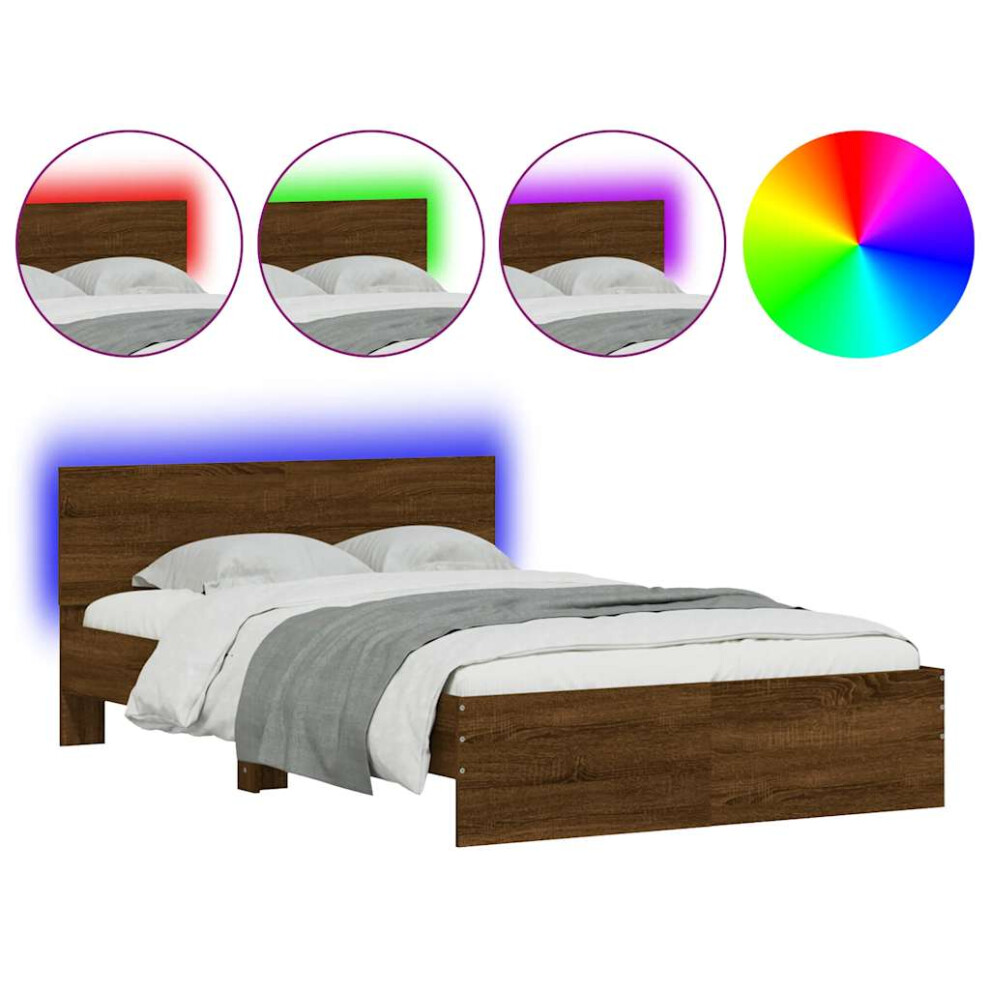 Vidaxl (Brown Oak, 140 X 190 Cm) Bed Frame With Headboard And Led Bed Base Mattress Foundation Bedstead