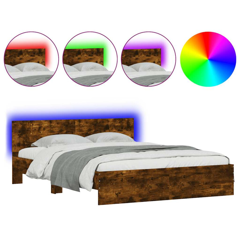 Vidaxl (Smoked Oak, 150 X 200 Cm) Bed Frame With Headboard And Led Bed Base Mattress Foundation Bedstead