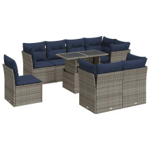 vidaXL 9-tlg. Garten-Sofagarnitur mit Kissen Grau Poly Rattan Akazie