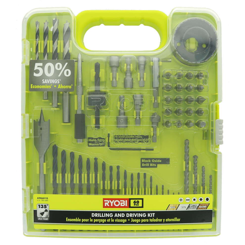 Ryobi A98601 60 Piece Black Oxide Drilling and Driving Bit Set with Carrying Case for Wood, Metal, Plastic, and Masonry