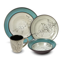 Gourmet Basics 5106334 Song Bird Dinnerware Set, Stoneware, Green, Gray