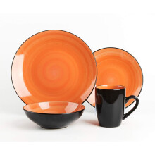 HomeVss Sonoma 16 Piece Stoneware Dinner Set, Outside Black + Inside Handpainted Color Orange with speckle