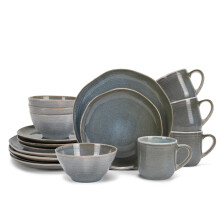 Elanze Designs Reactive Glaze Farmhouse Rustic Boho Ceramic Stoneware Dinnerware 16 Piece Plate Bowl Mug Dish Set - Service for 4, Ocean Teal Blue