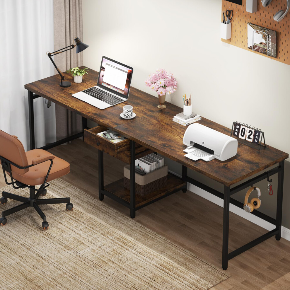 Tribesigns 200 Cm Long Desk, Double Computer Desk With 2 Drawers, Two Person Desk Workstation With Storage Shelves, Writing Table Study Desk For Home
