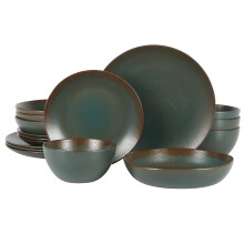 Bloomhouse - Oprah's Favorite Things - Palermo Sun Double Bowl Stoneware Reactive Glaze Plates and Bowls Dinnerware Set - Agave Blue, Service for Four