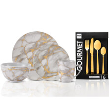 32 Piece Designer Exclusive Combo Set | 16 Piece Dinnerware Set Marble Gold Look & 16 Piece Set Flatware Set Gold, Service for 4, Dishwasher Safe,