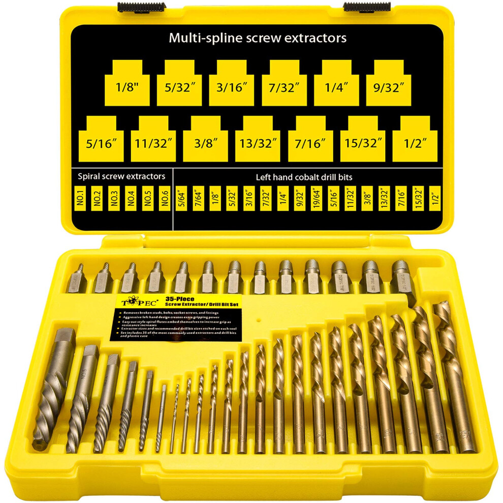 Topec 35-Piece Screw Extractor And Left Hand Drill Bits Set, Easy Out Screw Extractor Set With Reverse Drill Bits, Multi-Spline Extractors For 753534051245