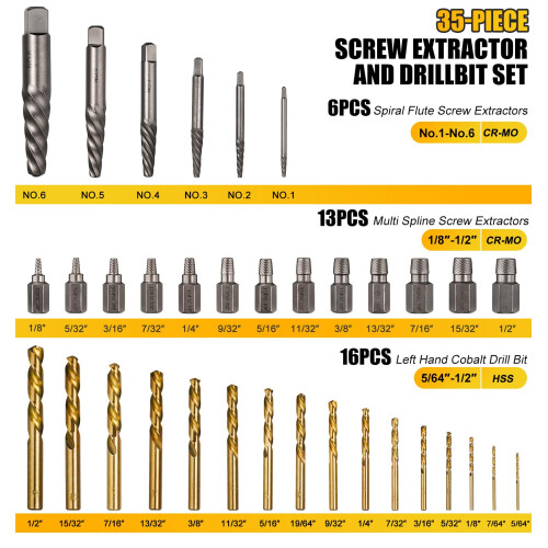 Topec 35-Piece Screw Extractor and Left Hand Drill Bits Set, Easy Out Screw Extractor Set with Reverse Drill Bits, Multi-Spline Extractors for 1