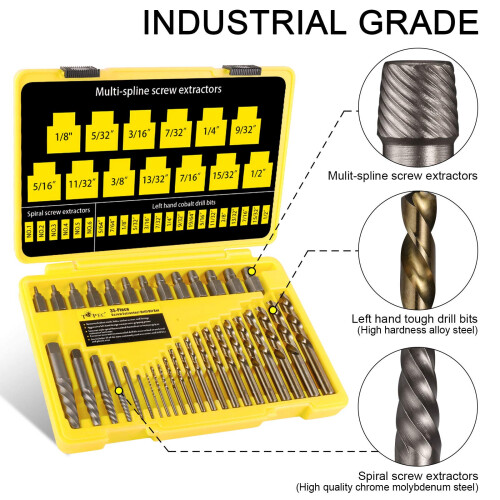 Topec 35-Piece Screw Extractor and Left Hand Drill Bits Set, Easy Out Screw Extractor Set with Reverse Drill Bits, Multi-Spline Extractors for 2
