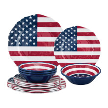 Gourmet Art 12-Piece American Flag Heavyweight and Durable Melamine Dinnerware Set, Service for 4. Includes Dinner Plates, Salad Plates and Bowls. for