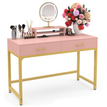 WESTREE Women Makeup Vanity Desk with 2 Drawers - Bedroom Home Office Desk, Wooden Height Monitor Stand & Storage Shelf Without Mirror, Pink Table