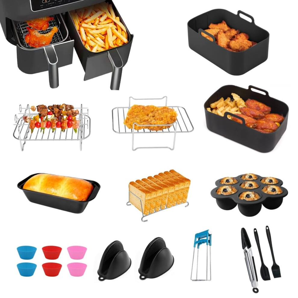 Mtwsjia Air Fryer Accessories Set, 12Pcs For Ninja/Tower/Instant Vortex/Salter 7.6L-9.5L Dual Air Fryer, Including Silicone Air Fryer Liners, Racks, Gloves,