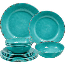 ZAROCRUS Farmhouse Melamine Plates and Bowls Set, Set of 4 BPA Free 100% Melamine 12 Piece Vintage Dishes Dinnerware Sets,Dishwasher Safe, Teal