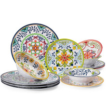 ZAROCRUS 12 pcs Talavera Melamine Dinnerware Set, Service for 4 Melamine Plates and Bowls Set, Unbreakable Dishes Dinnerware Set, Great for RVs,