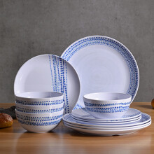 Melamine dinnerware sets for 4,12 pcs plates and bowls sets ,indoor and outdoor use,lightweight Unbreakable Dishwasher Safe, Raindrops Design