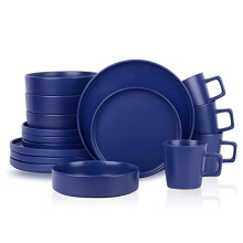 Stone Lain Cleo Modern Stoneware 16-Piece Dinnerware Set, Plates and Bowls Set, Dish Set Service for 4, Blue