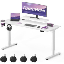 FunniHomi 140x60cm Height Adjustable Standing with Monitor Shelves Desk Electric Standing Desk Sit Stand Desk with Splice Board for Home Office, White