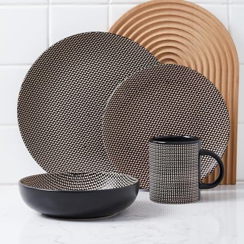 Stone Lain Daisy Stoneware 32-piece Round Dinnerware Set, Brown and Black 2