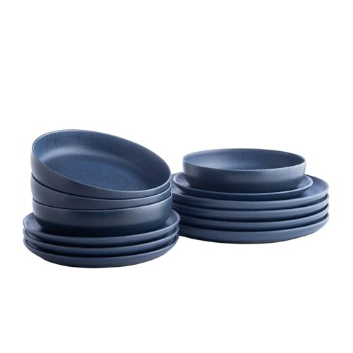 Stone Lain Macchio Stoneware Dinnerware Set, 12-Piece - Service for 4, Blue Matte