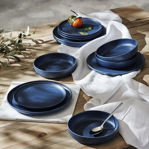 Stone Lain Macchio Stoneware Dinnerware Set, 12-Piece - Service for 4, Blue Matte 2