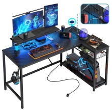 Bestier L Shaped Desk with Power Outlets & LED Lights Reversible 132CM Corner Desk with Shelves Larger PC Workstation with Hooks for Home Office
