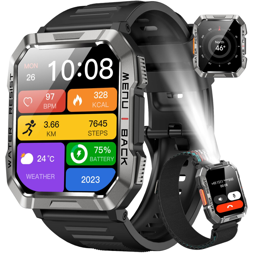 Blackview Military Smart Watch for Men - Answer/Make Calls, 2.01" Outdoor Sports Fitness Tracker with 900mAh Battery/Flashlight/Compass/Heart