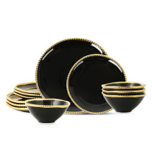 Christian Siriano Akoya Porcelain Dinnerware Set, 12-Piece - Dish Set for 4, Plates and Bowls Set, Black and Gold