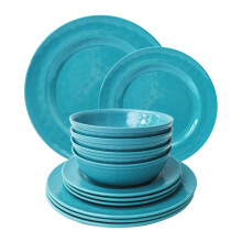 TP 12-Piece Dinnerware Set, Melamine Dishes Set with Bowls and Plates, Non-breakable Lightweight Dinner Service for 4, Teal