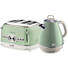 Ariete Breakfast Pack Ariete ARPK20 Retro Style Jug Kettle and 4 Slice Toaster Set, Vintage Design, Green